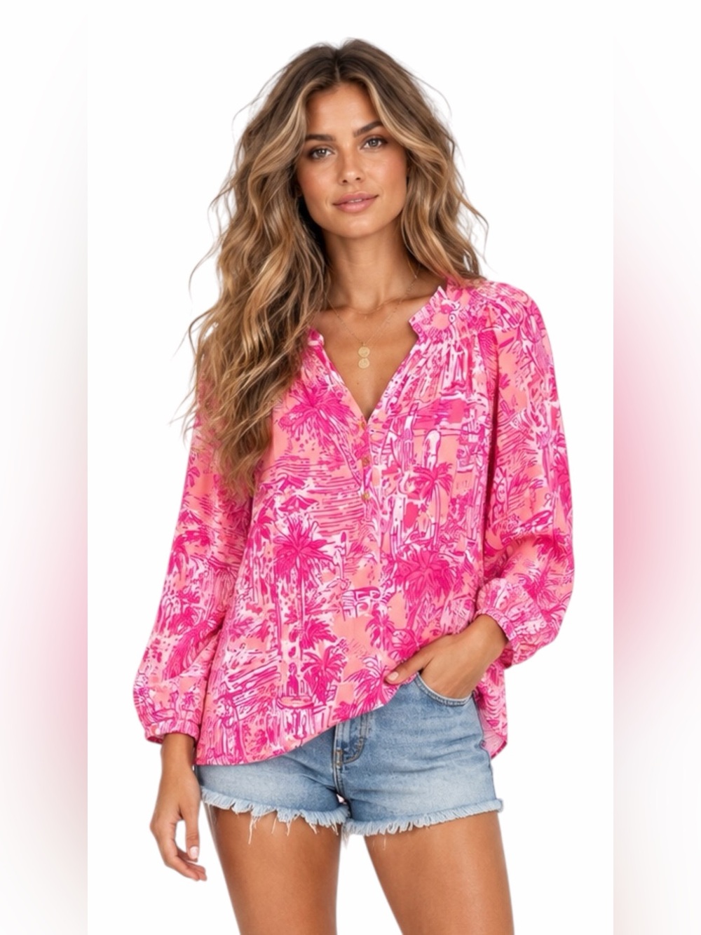 Lilly Pulitzer – Elsa 100% Silk Blouse – Pink Blossom Foxy Llama – Sz. M